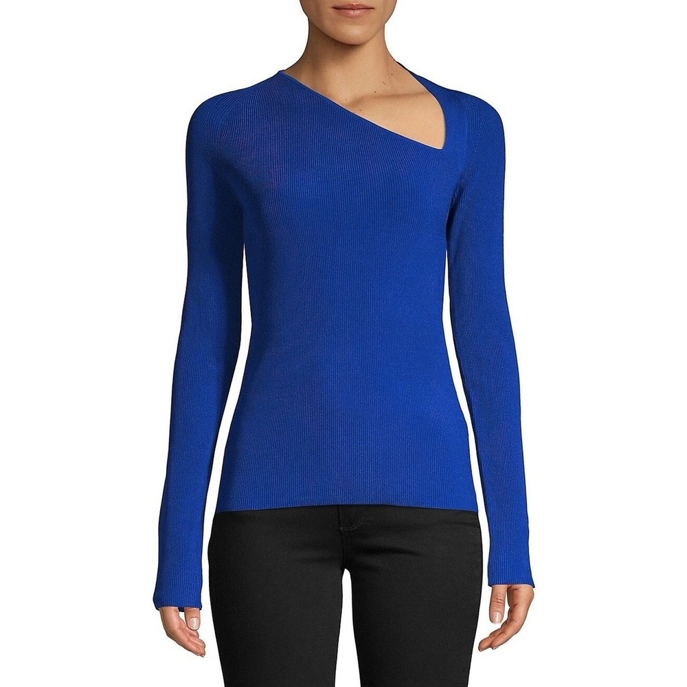 Helmut Lang Ribbed Viscose‎ Slash Neck Asymmetrical Knit Top Blue Minimalist M